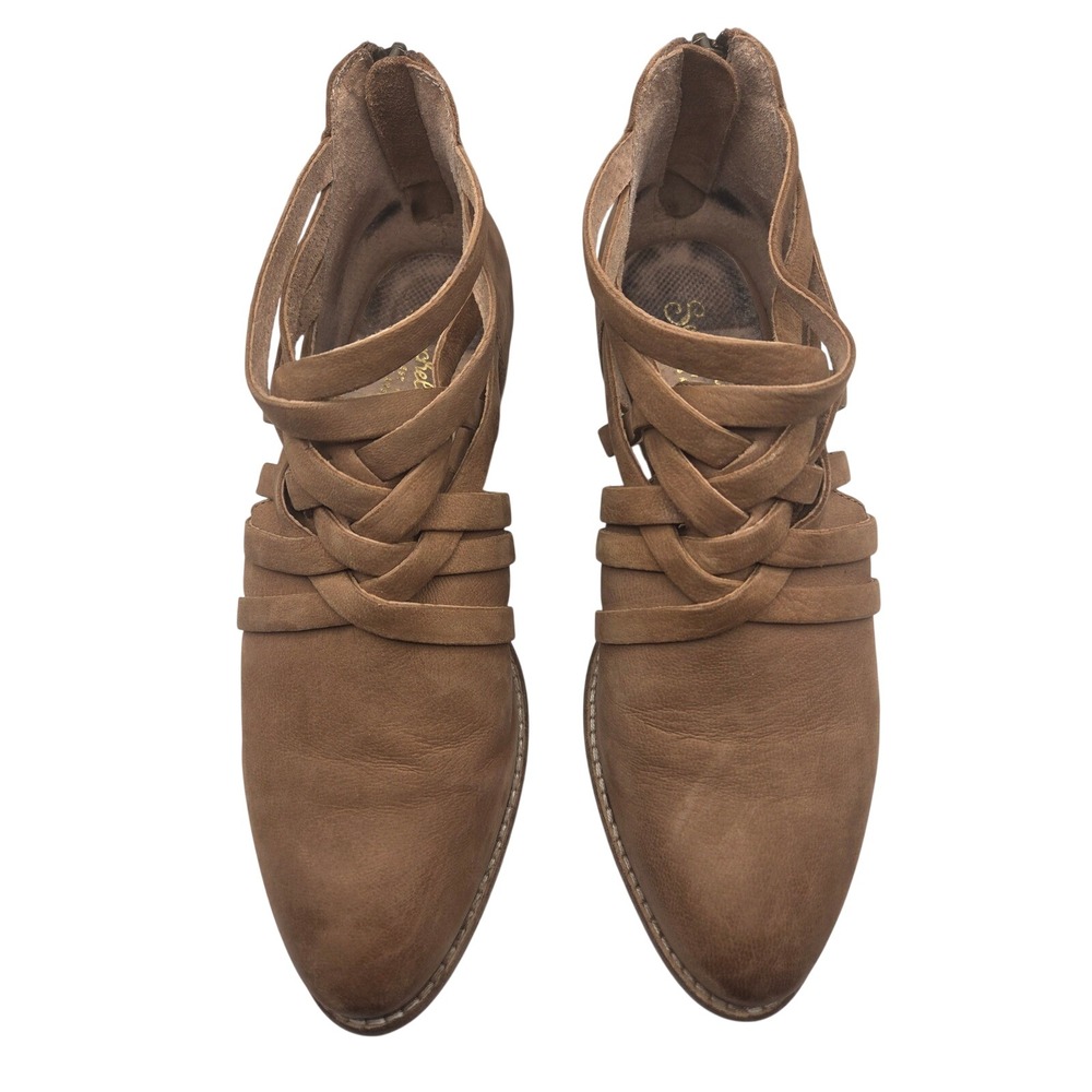 Seychelles Tan Brown Leather Strappy Caged Ankle Boots Block Heel Womens 8 Boho